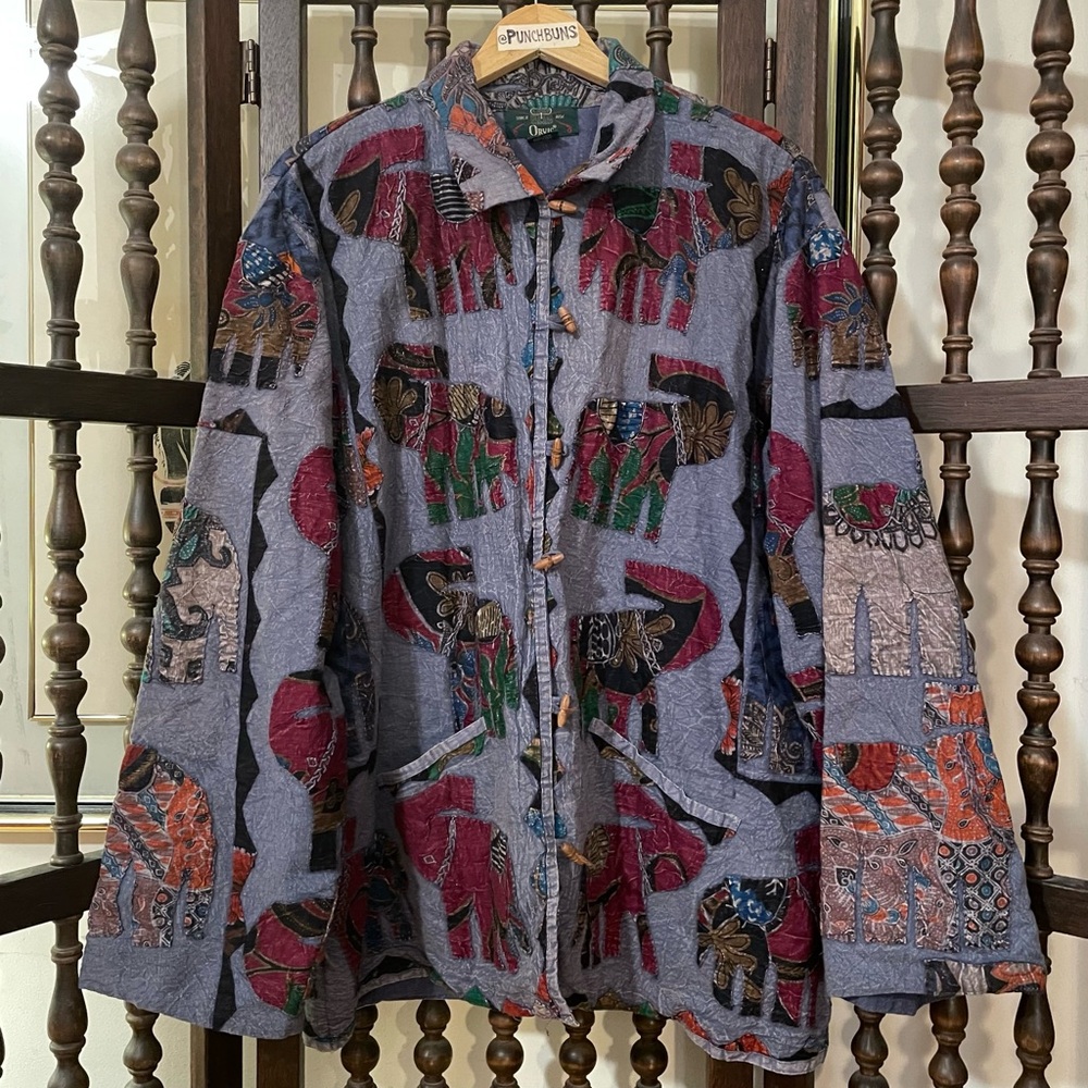 RARE Orvis Blue 100% Cotton Elephant Patchwork Relaxed Fit Boho Hippie Jacket